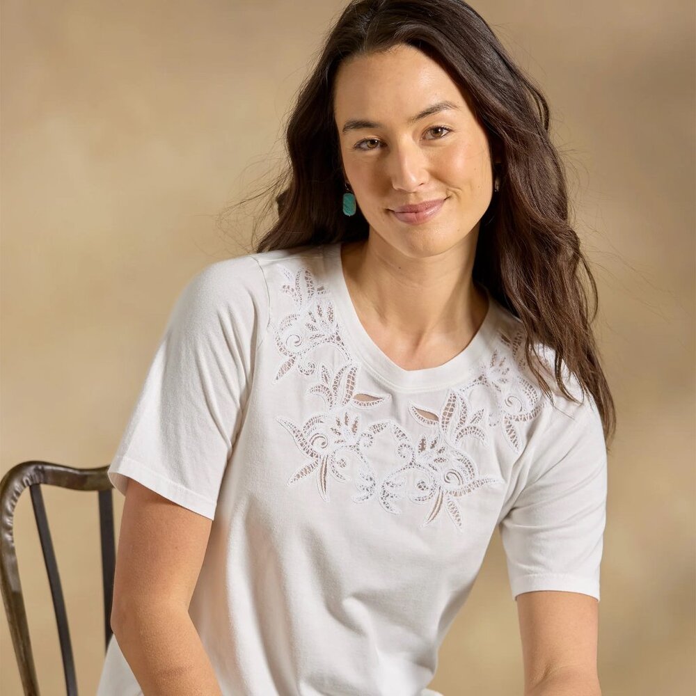 White Lace Panel Short Sleeve T-Shirt, Sz M, Sundance Toluca Lace Tee